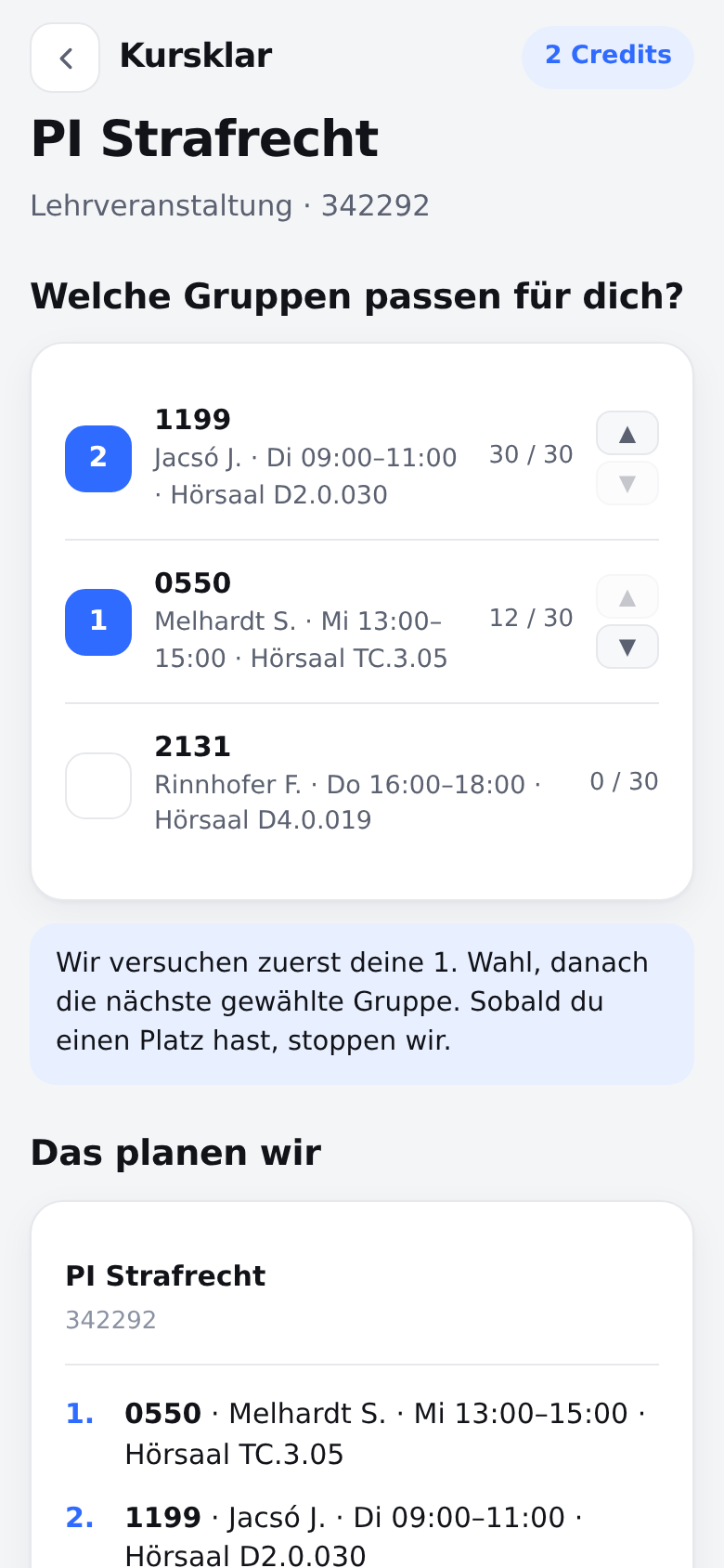 Uniklar am Handy: der Kurs PI Strafrecht mit den gewählten Gruppen 0550 als erste und 1199 als zweite Wahl.