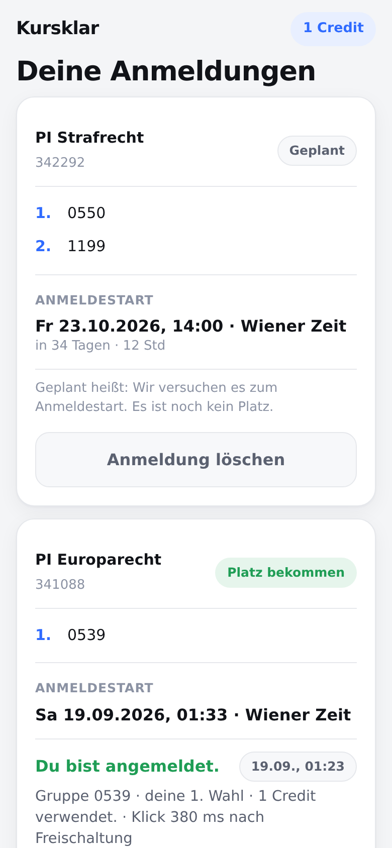 Uniklar am Handy: PI Europarecht mit dem Zustand „Platz bekommen“, Gruppe 0539, erste Wahl, ein Credit verwendet.